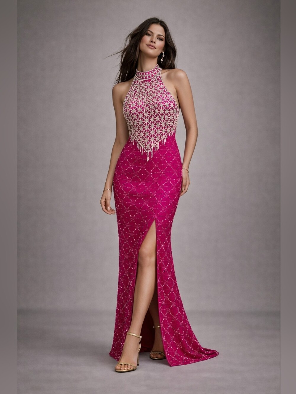 Restored Vintage Silk Pearl Beaded Halter Gown by Mark & John